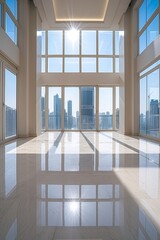 Empty modern apartment room with large windows and a view of the city skyline