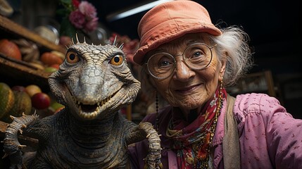 Elderly Woman with a Lifelike Reptilian Creature.