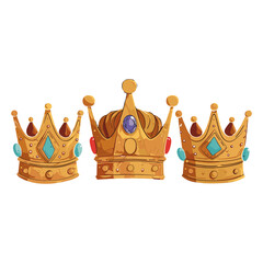 Three golden crowns, fit for kings and queens, are displayed on a velvety blue cushion