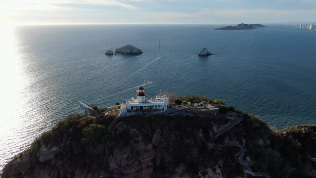 Mazatlan lighthouse natural park drone view. Mazatl&aacute;n is home to one of the oldest and most important deep-sea ports in the Mexican Pacific. Like every port, it has a lighthouse with its own name: the