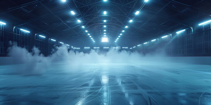 ice rink with fog, smoke and a dark sky background, empty stadium Hockey ice rink sport arena 
