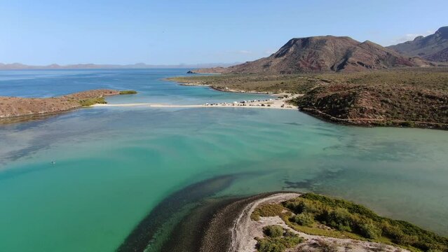 Bahia Concepcion van trip. On vacation on the beaches of the Mexican Caribbean. Van tour on Mexico. Enjoying paradisiacal beaches. Spectacular drone view.
