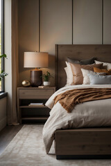 Gemütliches Schlafzimmer mit Holzmöbeln und warmen Erdtönen für ein entspannendes Ambiente und stilvolle Inneneinrichtung