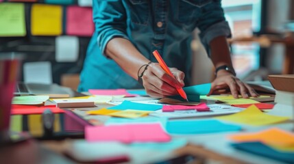 A person working on a creative project with colorful sticky notes. 