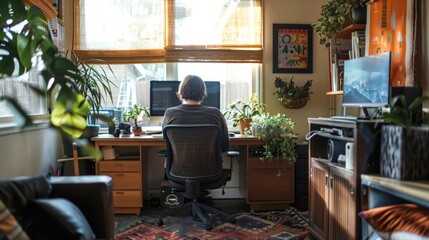 An employee working from home in a comfortable and organized workspace. 