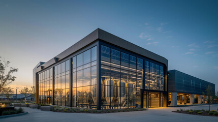 Fototapeta premium An outside view of the brewery's modern facade with large glass windows, through which the automated bottling line is visible