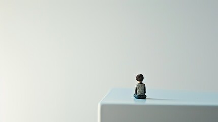 A tiny toy figurine sits perched on a table against a crisp white backdrop - obrazy, fototapety, plakaty