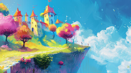 A colorful painting of a castle with a path leading up to it. The castle is surrounded by trees and the sky is blue with clouds. The mood of the painting is peaceful and serene