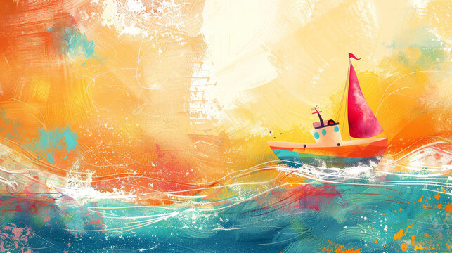 A colorful boat is sailing on a blue ocean with a splash of orange and yellow. The boat is small and has a red sail. The scene is lively and cheerful, with the bright colors of the boat