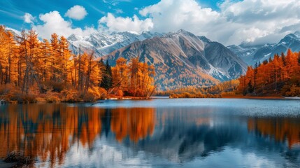 Beautiful landscape of a large lake with mountains and orange trees in autumn in high resolution and high quality. landscape concept
