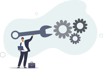 businessman holding wrench to adjust gear cogwheels setting.repair and maintenance service .flat vector illustration.