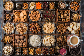 top view of mixed nuts in ceramic bowl and cup a coffe. Mix of various nuts on colored background. pistachios, cashews, walnuts, hazelnuts, peanuts and brazil nuts. - Powered by Adobe