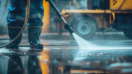 A worker using a pressure washer to clean surfaces. 
