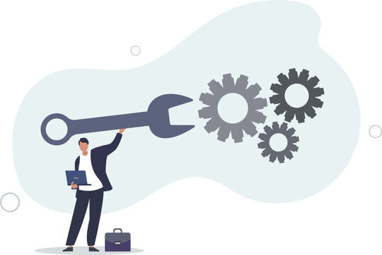 businessman holding wrench to adjust gear cogwheels setting.repair and maintenance service .flat vector illustration.