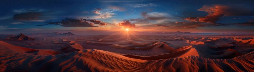 A panoramic landscape of a desert with sand dunes under a blazing sunset - obrazy, fototapety, plakaty