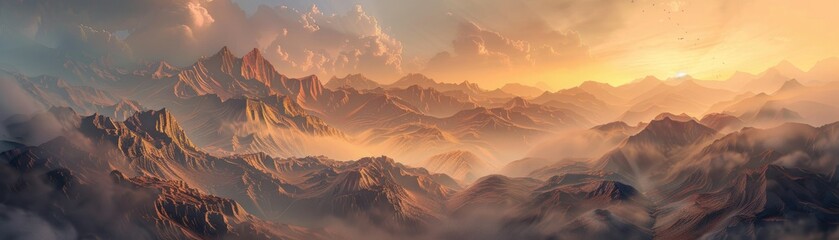 A panoramic view of a mountain range during sunrise, the peaks illuminated with golden light - obrazy, fototapety, plakaty