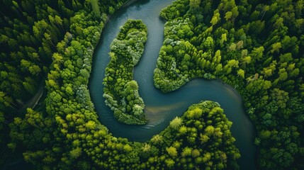 A high-altitude drone shot of a winding river through a lush forest