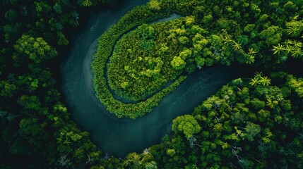 A high-altitude drone shot of a winding river through a lush forest - obrazy, fototapety, plakaty