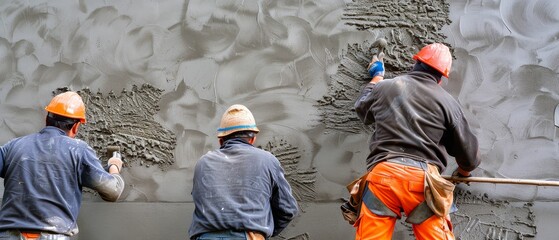 Workers applying stucco to a new exterior, texture, finishing techniques
