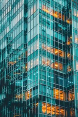 A modern architectural facade of a skyscraper with reflective glass windows - obrazy, fototapety, plakaty
