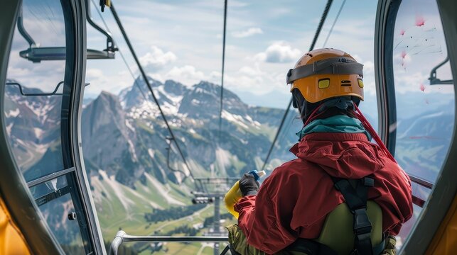 Window cleaner on a gondola lift, risky, panoramic views, spotless