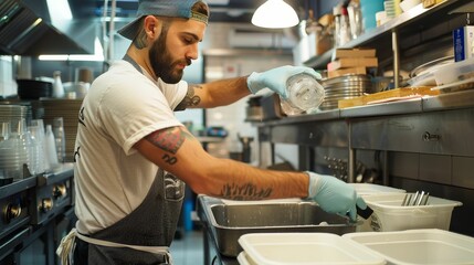 Fototapeta na wymiar Washing dishes as part of restaurant startup life, hustle, grind, passion