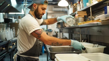 Poster Washing dishes as part of restaurant startup life, hustle, grind, passion © Jiraphiphat