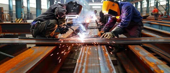 Welders joining steel beams, sparks flying, strength, enduring connections