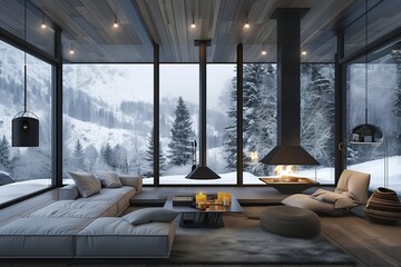 cozy living room of winter cabin in the mountains with a fireplace, modern architecture, floor-to-ceiling windows, a winter landscape outside with snowy trees
