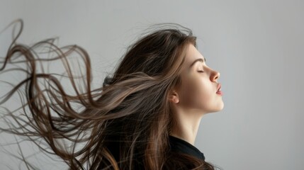 A woman with long hair in a carefree pose, showcasing movement and volume.