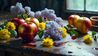 Still life with apples on an old, wet, rustic table, surrounded by bouquets of lilac branches and yellow flowers, in rainy weather - obrazy, fototapety, plakaty