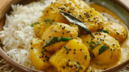 Close-up of delicious aloo posto, a classic bengali dish, served with fluffy white rice