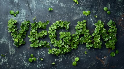 Lettering of English word Vegan made of green natural leaves. - obrazy, fototapety, plakaty