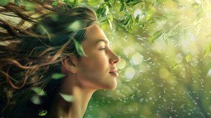 An artistic shot of a woman with long hair, promoting botanical or natural ingredient shampoo. 