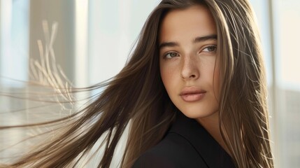 A woman with long, sleek hair in a professional setting, promoting frizz-control shampoo.