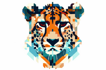 An abstract cheetah face icon with a pixelated design, featuring bold, blocky shapes and a vibrant color palette, reminiscent of retro video game graphics. Isolated on a white background.
