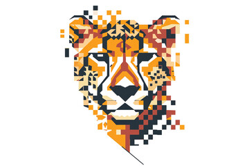 An abstract cheetah face icon with a pixelated design, featuring bold, blocky shapes and a vibrant color palette, reminiscent of retro video game graphics. I