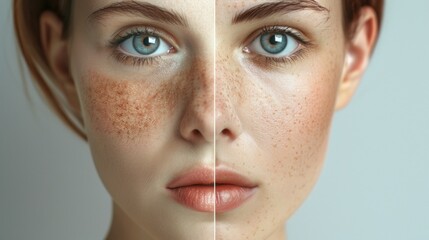 A before-and-after comparison of a woman's skin texture after using skincare products.