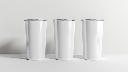 Presented against a pristine white backdrop here is a dynamic mockup showcasing three slim 20 ounce tumblers boasting a full wrap design ideal for sublimation printing on drinkware - obrazy, fototapety, plakaty