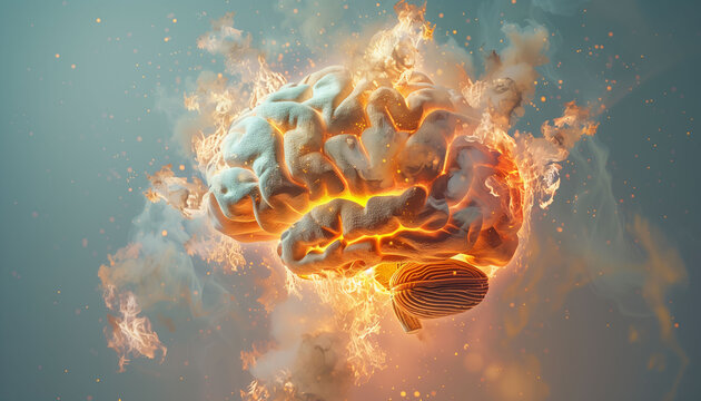 Concept art of a human brain exploding with knowledge and creativity, gradient background, vibrant