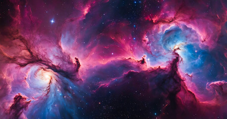 Abstract colorful space background with bright gas and dust swirls and a vivid nebula or supernova.