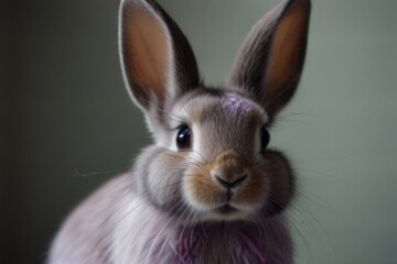 Obraz premium A young fluffy rabbit with soft white and gray fur, isolated on a background, looks curiously, ears raised.
