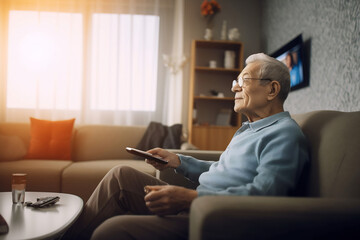 Elder man watching TV or movie on couch in Livingroom - 788483343
