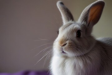 A young fluffy rabbit with soft white and gray fur, isolated on a background, looks curiously, ears raised.