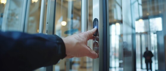 Setting up a fingerprint access control at a government building, authoritative, fortified