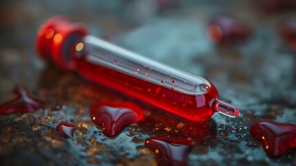 Love's Vital Connection: Heart-Shaped Vial Filled with Blood Representing Life-Saving Medical Research - obrazy, fototapety, plakaty