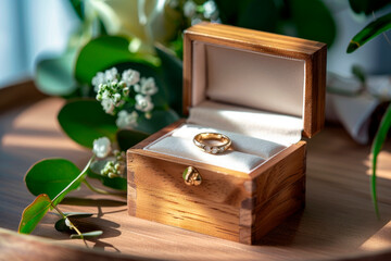 Wedding rings on a wooden box