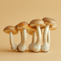 Group of assorted mushrooms stacked on top of each other against beige background