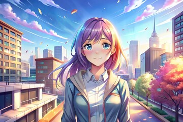 Anime-style illustration of a young woman in a vibrant city under the golden light of a sunny day.