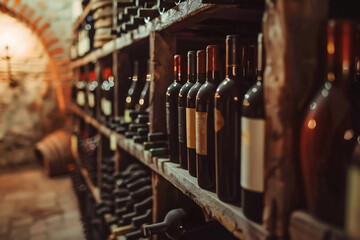 Vintage bottles of expensive quality wine stored in a vintage cellar showcase